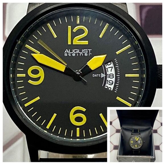 August Steiner Bold Black & Yellow Watch Leather Strap Contrast Stitching - Picture 1 of 16